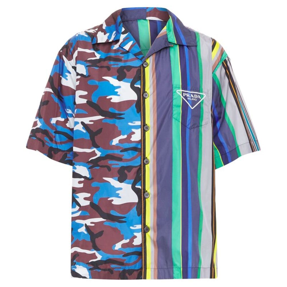 PRADA 2021 Runway Double Match camo stripe oversized nylon bowling shirt XL